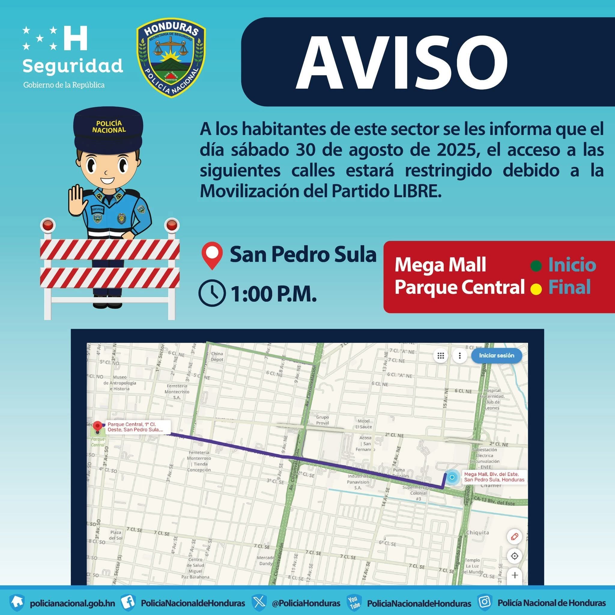 DNVT anuncia cierres viales por movilización del Partido LIBRE en San Pedro Sula