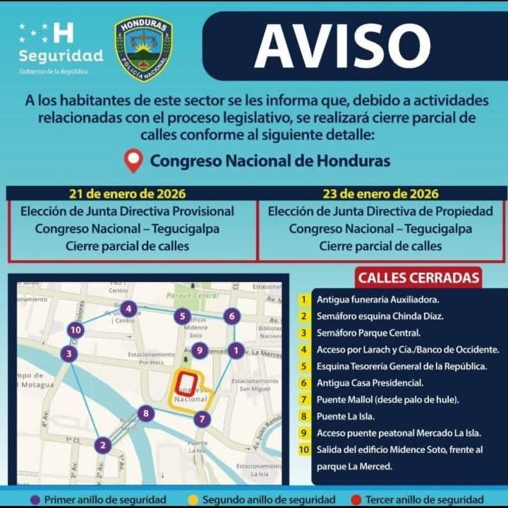Cierres viales en el Centro de Tegucigalpa por instalación del nuevo Congreso Nacional