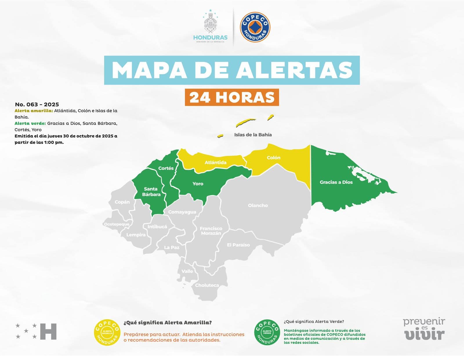 COPECO eleva a Alerta Amarilla a tres departamentos y mantiene en Verde a otros cuatro, por lluvias  y  masa de aire frío