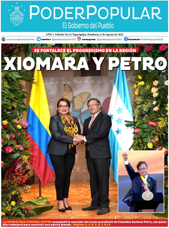 La mandataria Xiomara Castro acompañó la asunción del nuevo presidente de Colombia Gustavo Petro, con quien dijo trabajará para construir una patria grande