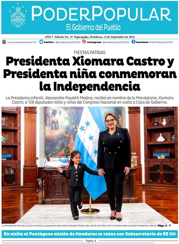Presidenta Xiomara Castro y Presidenta niña conmemoran la Independencia de la República de Honduras
