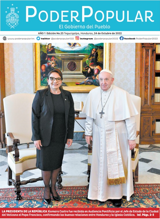 LA PRESIDENTA DE LA REPÚBLICA Xiomara Castro fue recibida en Audiencia Pontificia por el Jefe de Estado de la Ciudad del Vaticano el Papa Francisco, confirmando las buenas relaciones entre Honduras y la Iglesia Católica