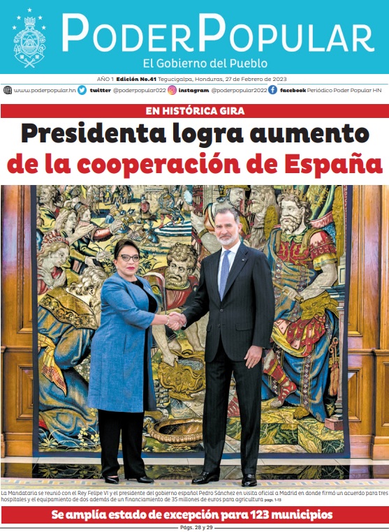 La Mandataria se reunió con el Rey Felipe VI y el presidente del gobierno español Pedro Sánchez en visita oficial a Madrid en donde firmó un acuerdo para tres hospitales y el equipamiento de dos además de un financiamiento de 35 millones de euros para agricultura