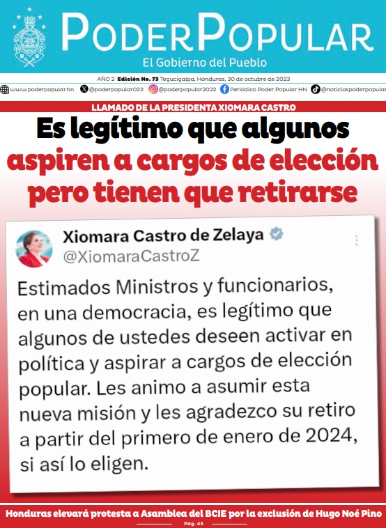 La Presidenta Xiomara Castro advirtió a los ministros y demás funcionarios de su Gabinete que si tienen aspiraciones políticas, pueden presentar la renuncia a partir del 1 de enero de 2024