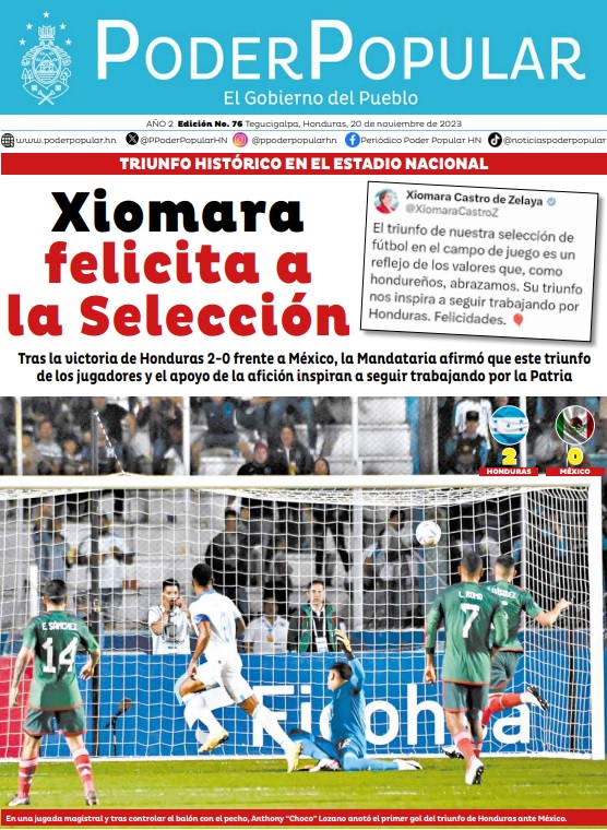 Tras la victoria de Honduras 2-0 frente a México, la Presidenta Xiomara Castro afirmó que este triunfo de los jugadores y el apoyo de la afición inspiran a seguir trabajando por Honduras