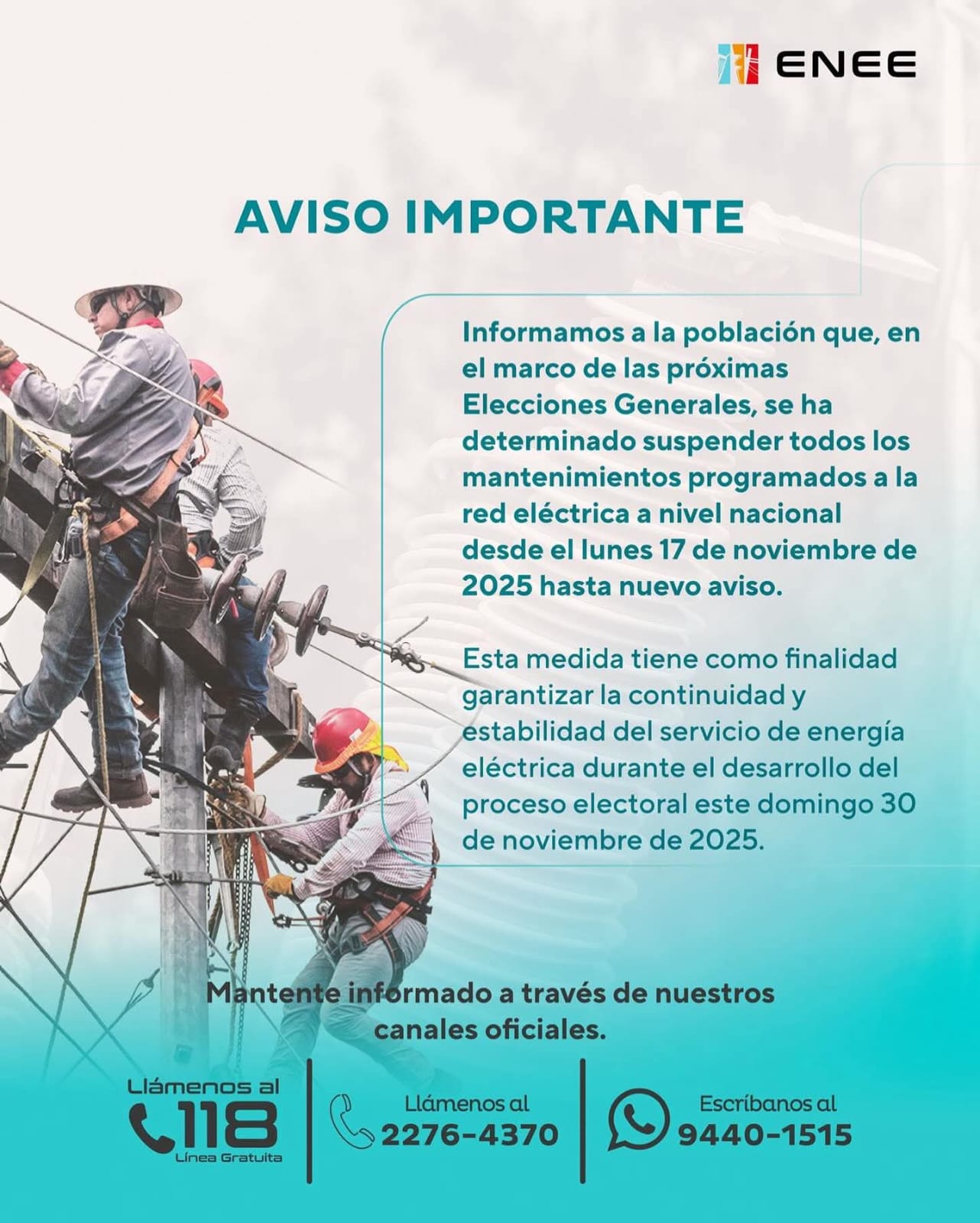 En el marco de las Elecciones Generales ENEE garantiza estabilidad del servicio de energía eléctrica